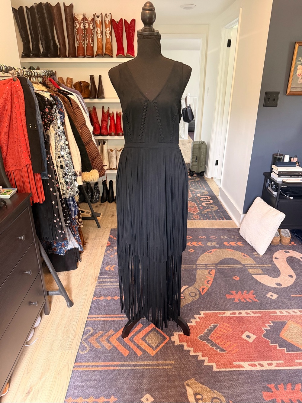 Idyllwind Black Faux Suede Fringe V-Neck Maxi Dress